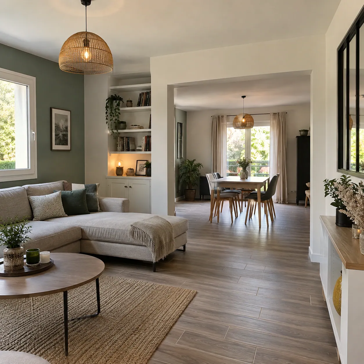 Illustration : intérieur moderne d'une maison rénovée avec salon ouvert, aménagement lumineux et électricité intégrée