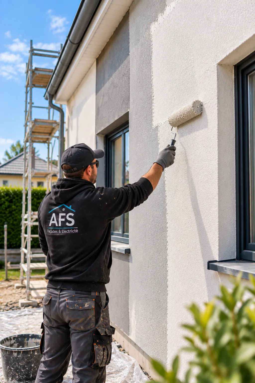 Illustration : application de la finition sur une façade après isolation thermique extérieure