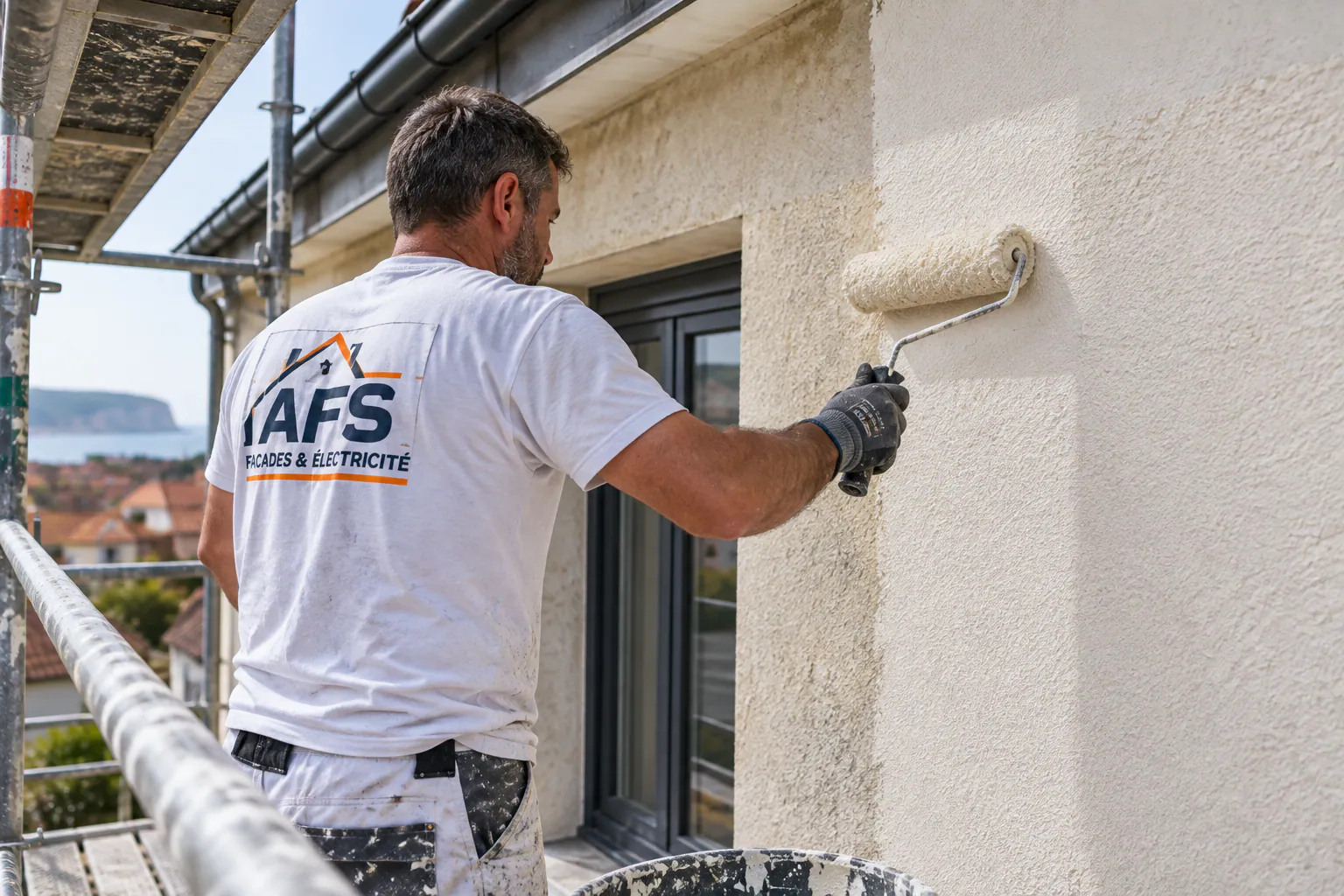 Illustration : artisan appliquant une peinture sur une façade extérieure