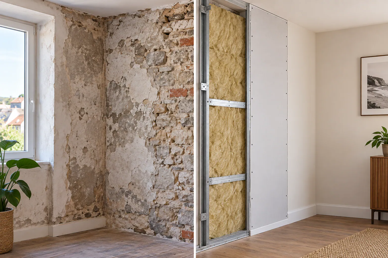 Illustration : avant après de l'isolation thermique d'un mur intérieur