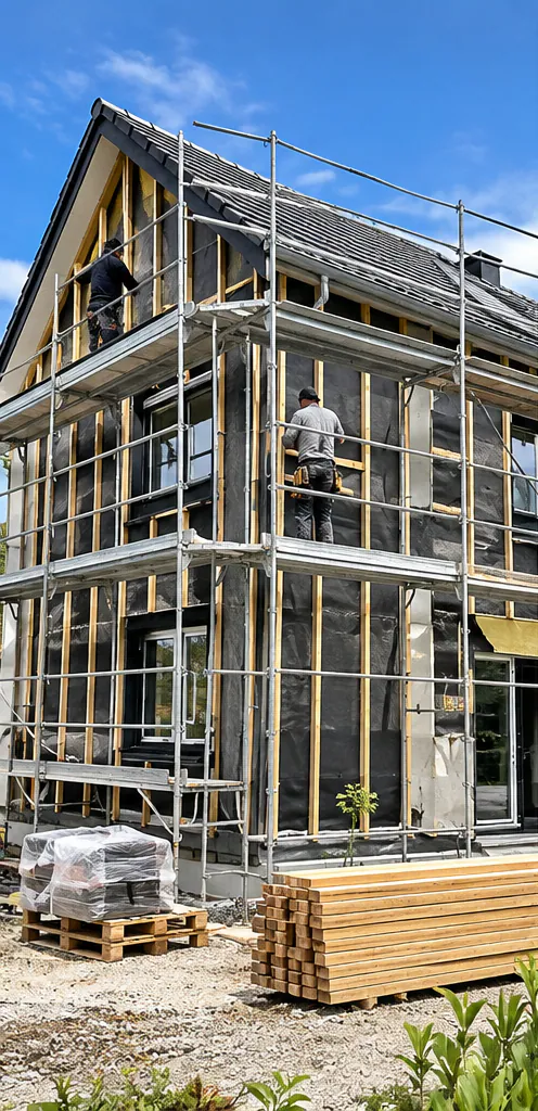 Ravalement de façade avec bardage isolant et menuiseries neuves en cours de chantier à Isques