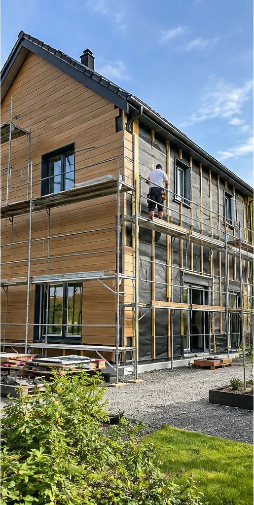 Pose d'un bardage bois sur isolation extérieure, chantier AFS Façades & Électricité