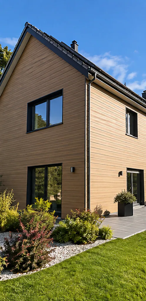 Maison moderne avec bardage isolant en composite taupe et menuiseries noires à Isques
