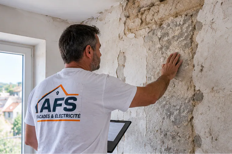 Illustration : artisan inspectant l'isolation d'un mur intérieur, expert en façades et électricité