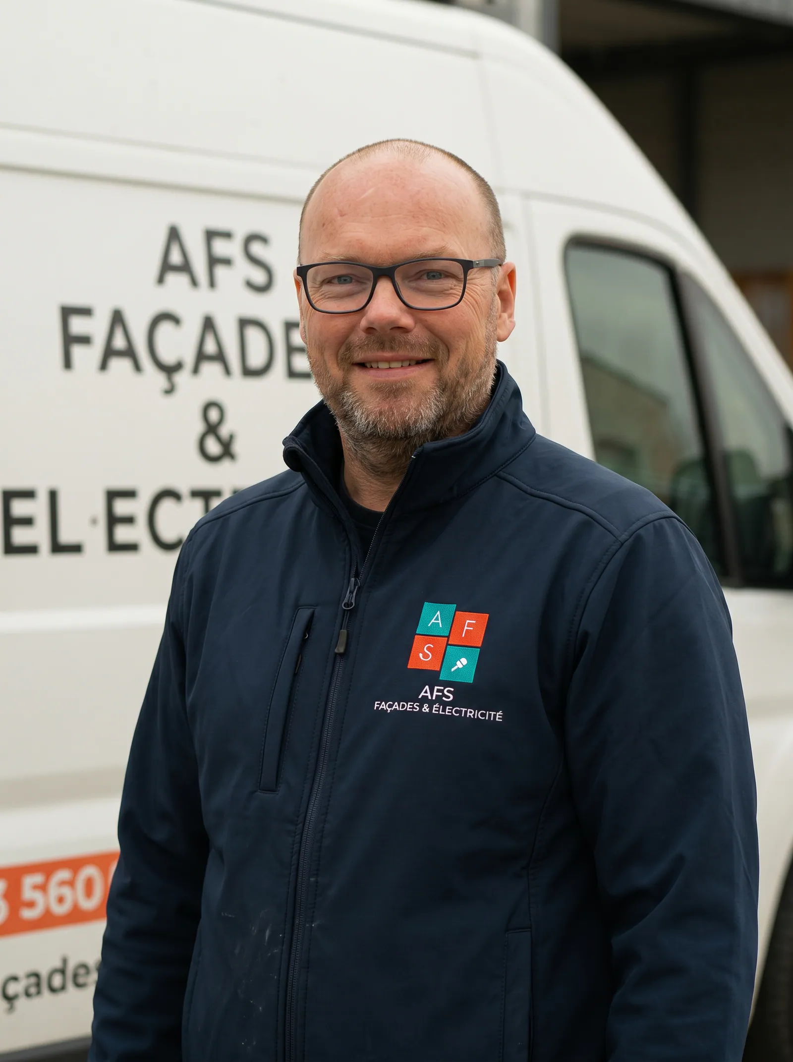 Artisan AFS Façades & Électricité devant son véhicule professionnel à Isques