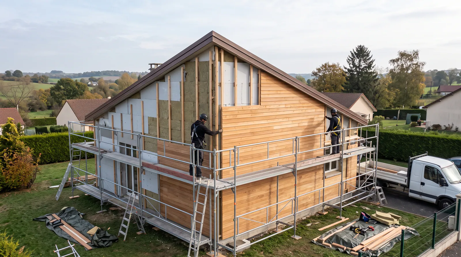 Illustration : maison avec bardage isolant bois et pose d'isolation thermique par artisan RGE
