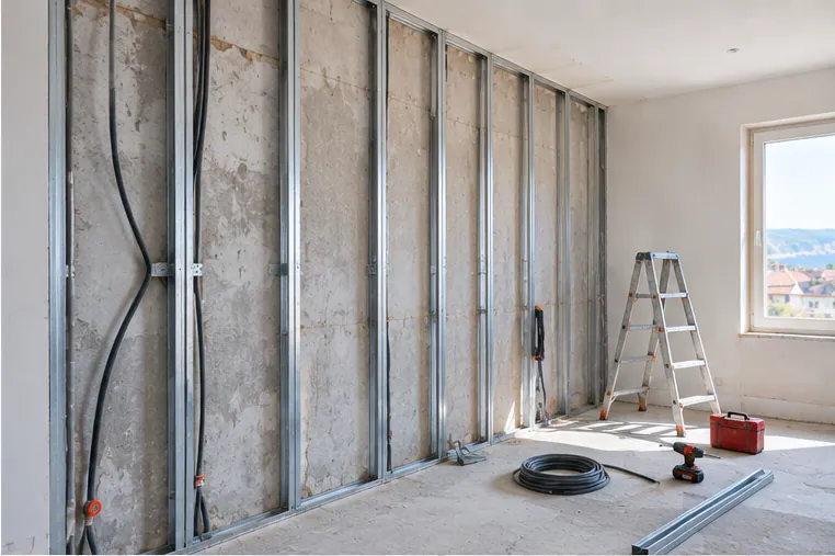 Illustration : chantier d'isolation des murs par l'intérieur avec panneaux isolants et installations électriques en cours