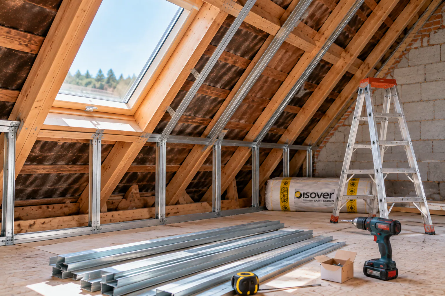 Illustration : chantier d'isolation des combles avec charpente bois, isolant Isover et ossature métallique