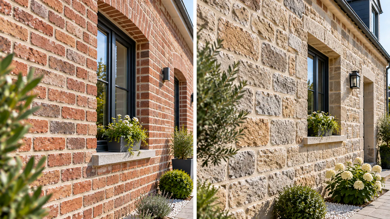 Illustration : façades de maisons en briques et pierre avec fenêtres modernes