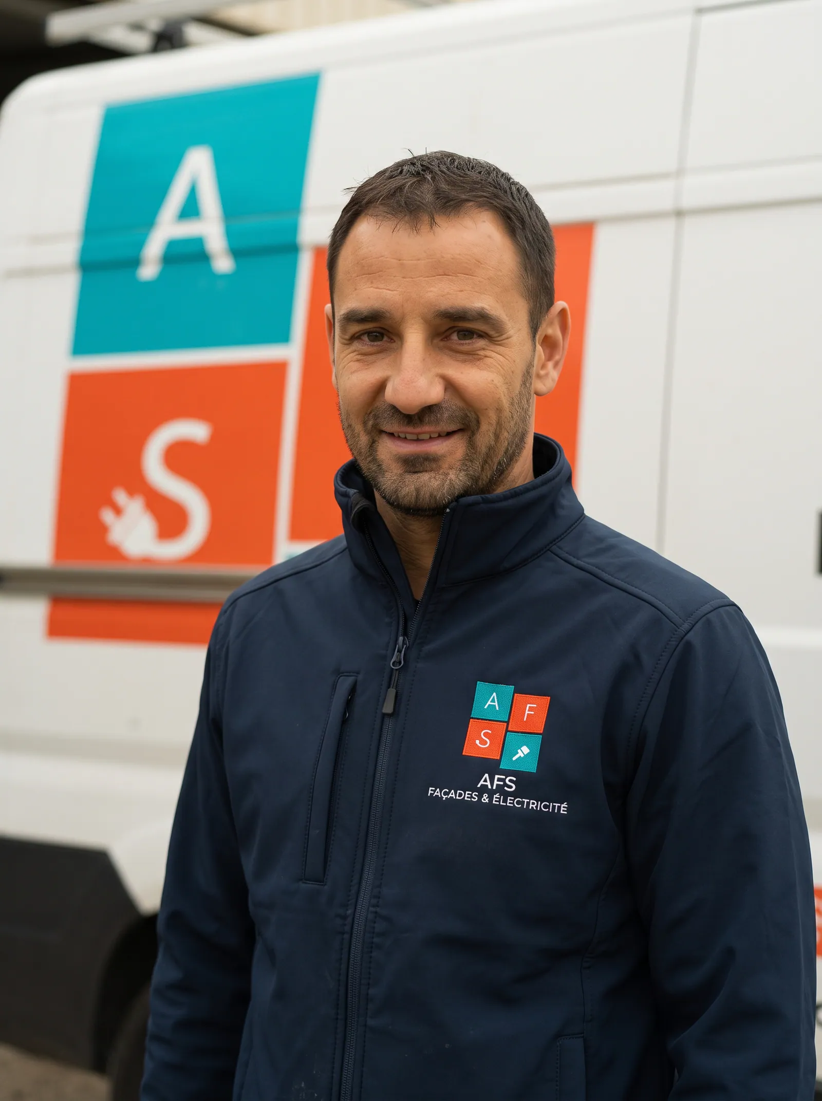 Artisan AFS Façades & Électricité devant son véhicule de chantier à Isques